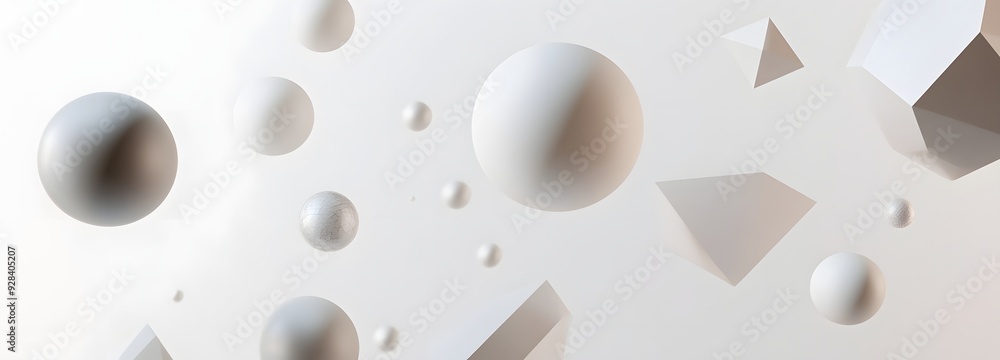 Aufkleber 11. floating geometric prisms and spheres arranged in an elegant 3d pattern on a clean white backdro