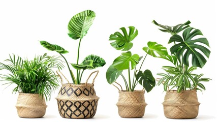 Fototapeta premium set of most popular houseplants in basket pots isolated on white background 
