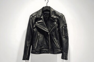 Men's leather jacket with fur sheepskin on white background,