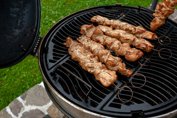 Fried meat strung on skewers is fried over an open fire on a grill.