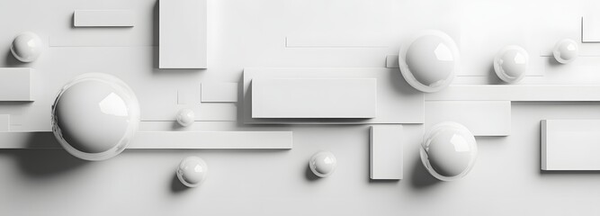 11. Floating geometric prisms and spheres arranged in an elegant 3D pattern on a clean white backdrop.