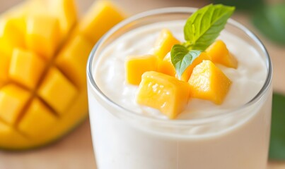 A creamy Greek yogurt, there are some pieces of fresh mango, Generative AI