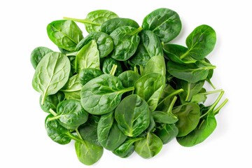 Fototapeta premium Fresh baby spinach pile on white surface top view