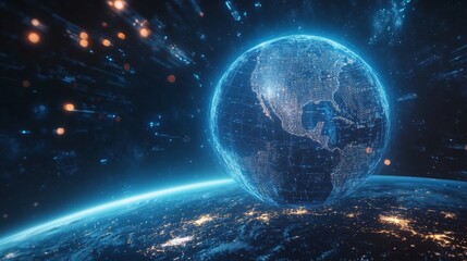 Obraz premium Futuristic digital globe with North America highlighted with city lights, with lines connecting, representing data flow.