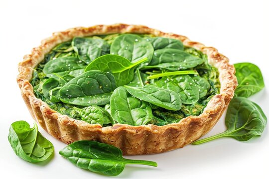 Fresh spinach pie on white background