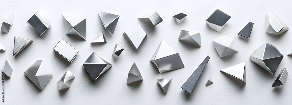 Poster 14. geometric shapes with subtle metallic sheen arranged in a dynamic 3d pattern, isolated on a pure