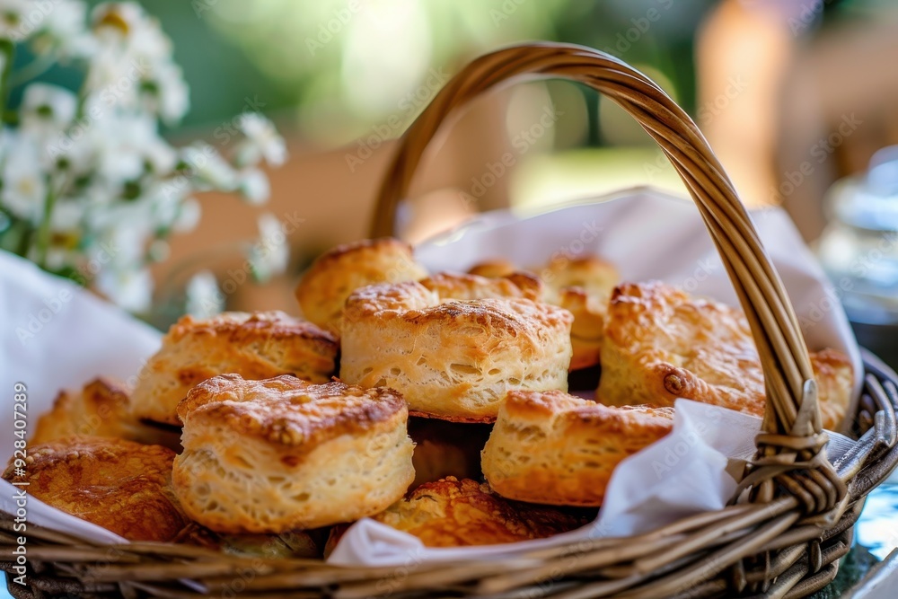 Poster freshly baked scones in a basket