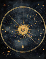 Obraz premium A celestial cosmos map depicted in a vintage-style watercolor design. The map features a golden sun and planets with constellations on a dark background, capturing the mystique of the cosmos