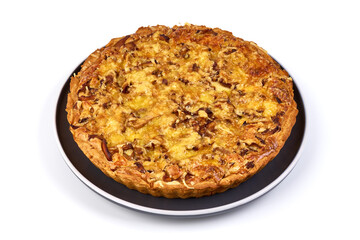 Mushroom pie with cheese, isolated on white background.