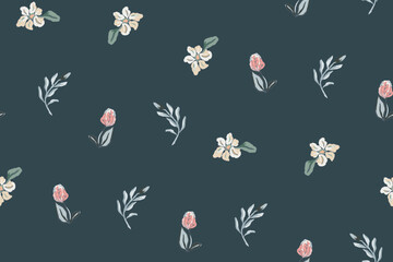 Cute feminine seamless watercolor pattern with little tiny wildflowers, hand drawn, not AI