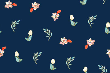 Cute feminine seamless watercolor pattern with little tiny wildflowers, hand drawn, not AI