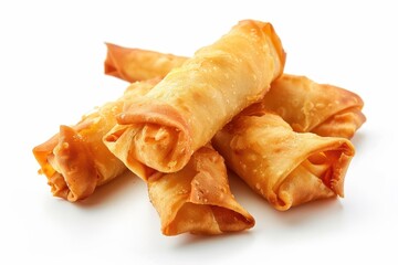Fried spring rolls against white backdrop