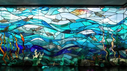 A continuous design of stained glass windows, each featuring an oceanic theme with waves and sea life in shades of blue and aqua.