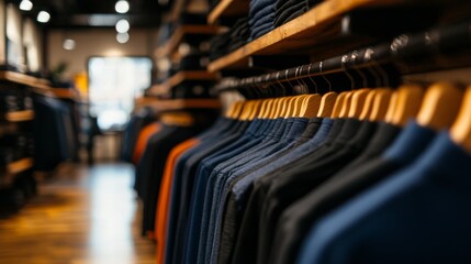 Wide-angle view of neatly organized clothing in a modern retail store, showcasing a variety of garments on wooden racks.