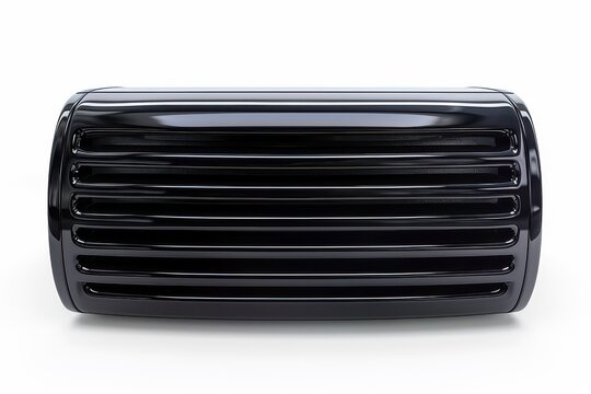 Front view of black car radiator grill on white background with horizontal slots