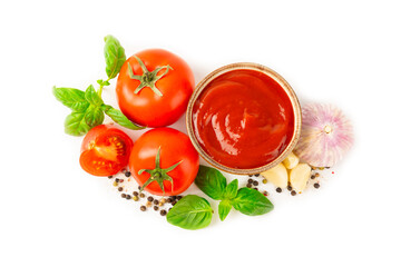 Tomato paste, sauce, ketchup in a bowl and cherry tomatoes with fresh basil leaves isolated on a white background. Vitamins and detox diet. Vegetable and vegetarian food.