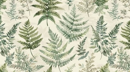 A continuous pattern showcasing a variety of ferns and ivy in vintage style, illustrated in soft greens and grays on a neutral background.