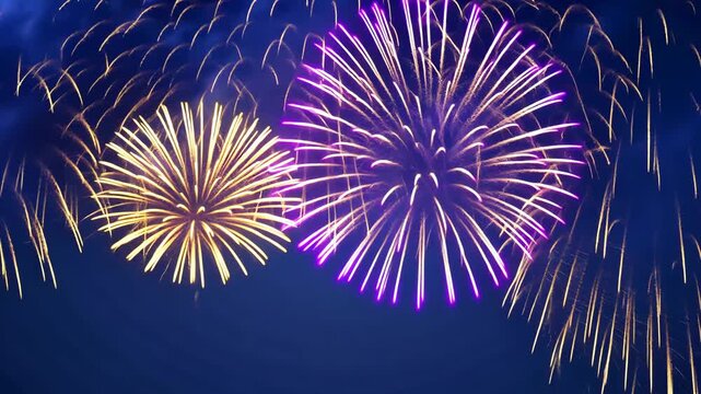 Night sky filled with bright fireworks in various patterns, celebrating a festive occasion with vibrant colors and joy.
