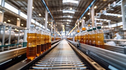 Obraz premium A conveyor belt in a spotlessly clean factory with plastic bottles being automatically filled with iced tea. 