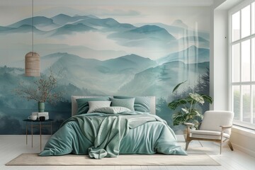 Vibrant pastel bedroom with misty mountain wall mural, soft blue and green bedding, modern armchair, and glass coffee table.