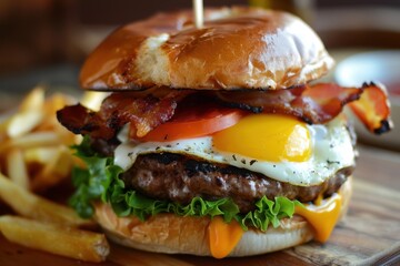 Gourmet burger with bacon egg and cheese