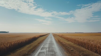 Rural Country Road Leading Towards a Horizon Under a Blue Sky