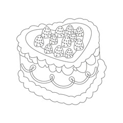 Cute retro linear birthday cake with raspberries and cream. Vector flat set of cakes for birthday, holiday. Vintage line cake collection with retro decorations