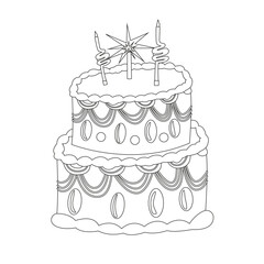 Cute retro linear birthday cake with raspberries and cream. Vector flat set of cakes for birthday, holiday. Vintage line cake collection with retro decorations