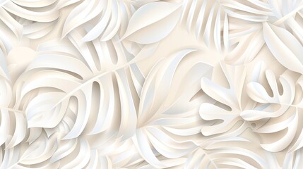 A collection of beautifully layered white tropical leaves creates an intricate and textured design on a soft, neutral backdrop SEAMLESS PATTERN