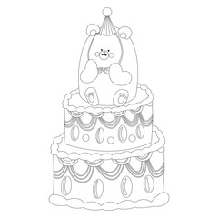 Cute retro linear birthday cake with raspberries and cream. Vector flat set of cakes for birthday, holiday. Vintage line cake collection with retro decorations