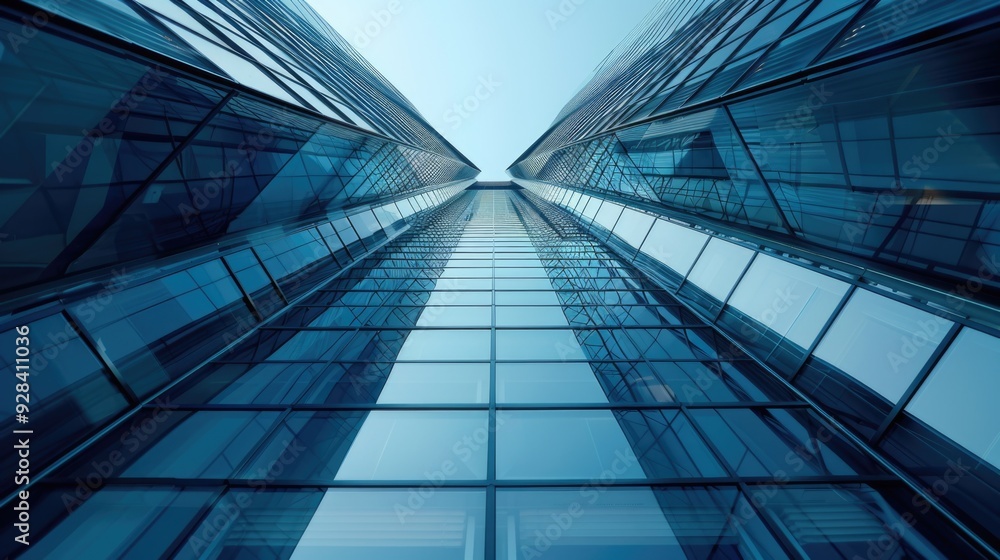 Poster tall building with multiple windows and a clear blue sky in the background, perfect for use as a bac