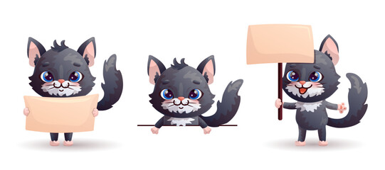 Set of amusing cartoon cats in different poses stands with empty signs and looks out from behind the wall. Vector illustration.