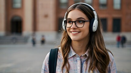 Young smiling female student wearing headphones and glasses