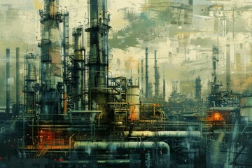 Obraz premium Industrial Landscape, Smoking Factory Pipes, Factory Buildings, Industrial Abstract Generative AI Illustration