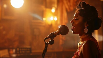 African American female jazz singer performing passionately on stage, under warm lighting in a cozy, intimate venue, evoking emotion and musical artistry. - Powered by Adobe
