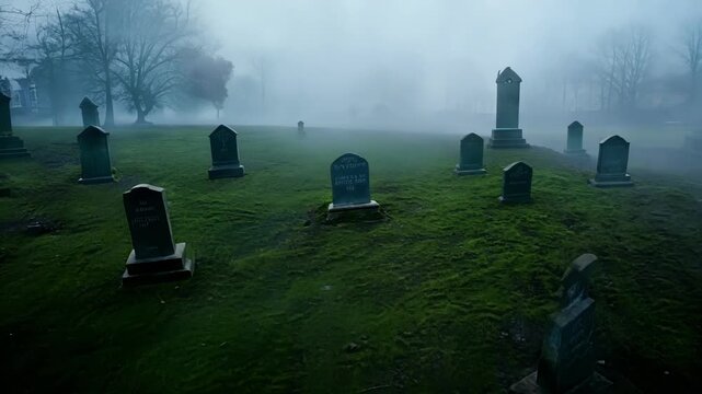 Spooky cemetery on a foggy day with mossy gravestones, perfect for halloween. Creepy, eerie, and dark atmosphere evoking fear and horror. Rest in peace among paranormal elements