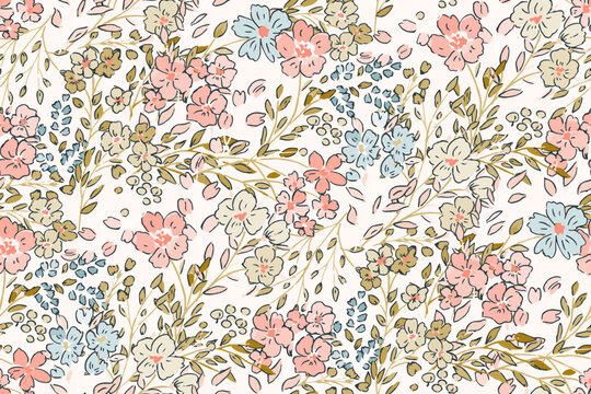 Cute feminine seamless watercolor pattern with little tiny wildflowers, hand drawn, not AI