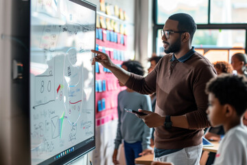 Teacher presenting on digital whiteboard to students