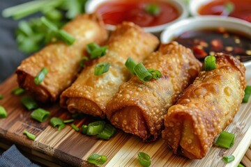Handmade pork egg rolls with sauces