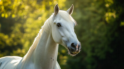 white horse with black eyes and hair combeb for competition, sunny day and midday light in the backgrond very colorful forest blurred, copyspace