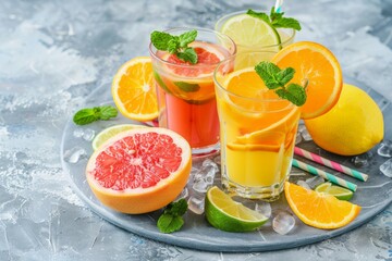 Fruit juice with diced citrus with copy space. Background, mockup with lemon, lime, orange