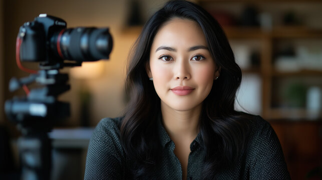A young woman sits confidently in front of a camera, possibly creating content or shooting a video. The scene conveys a professional yet approachable environment, with focus on her face.