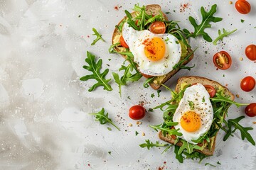 Healthy breakfast wholegrain avocado sandwich with poached egg and arugula cherry tomatoes salad top view
