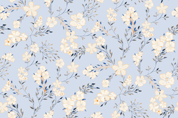 Cute feminine seamless watercolor pattern with little tiny wildflowers, hand drawn, not AI