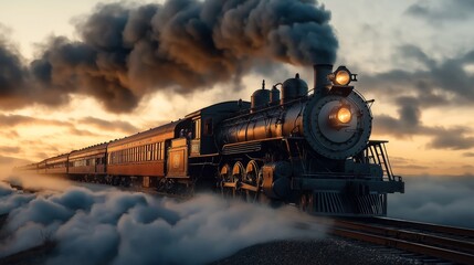 Fototapeta premium A vintage steam train travels on railway tracks, emitting thick smoke and steam, against a dramatic sunset sky.