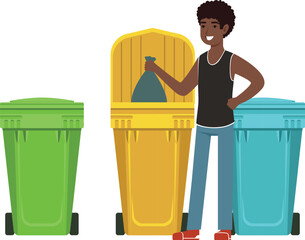 Man throwing trash into recycling can. Sorting waste