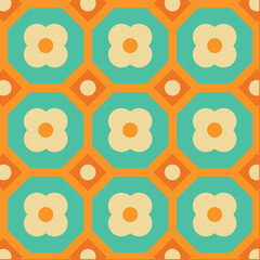 70's Retro Seamless Pattern, 60s and 70s Aesthetic Style, floral groovy pattern. Turquoise, orange, yellow and beige colors