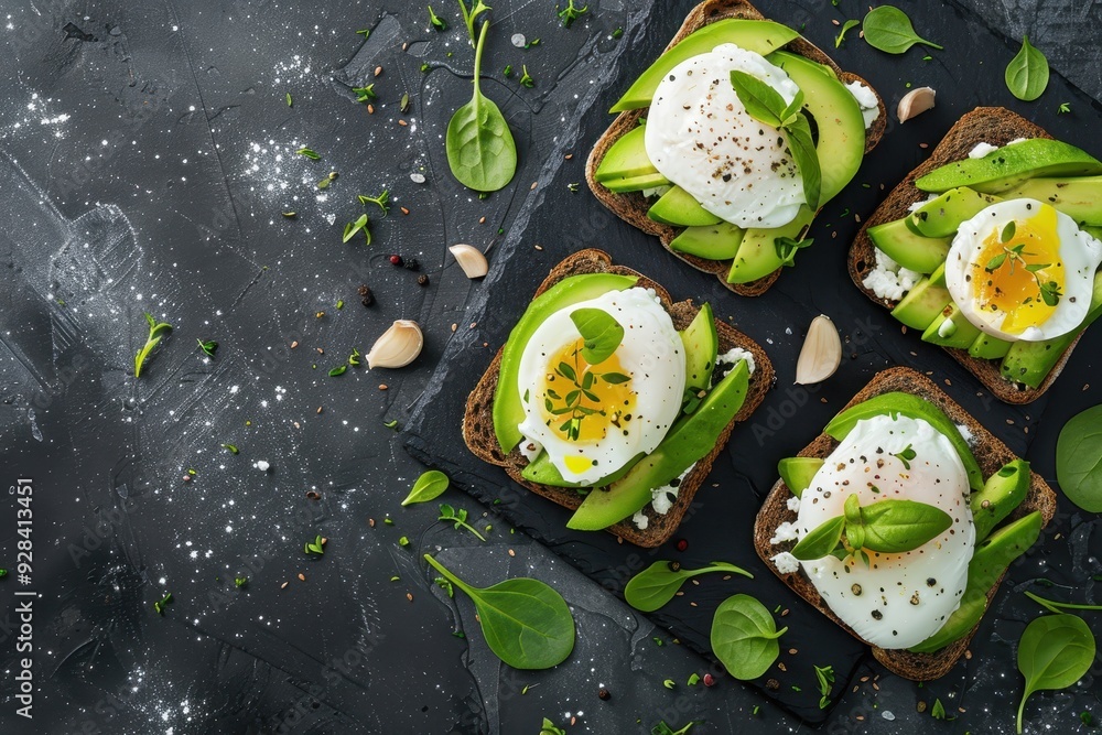 Wall mural healthy keto lunch with avocado and poached egg top view