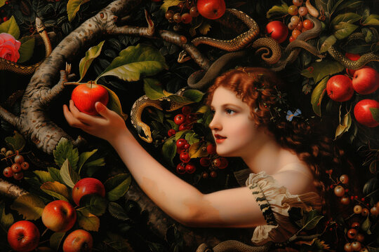 Classical painting of Eve reaching for an apple