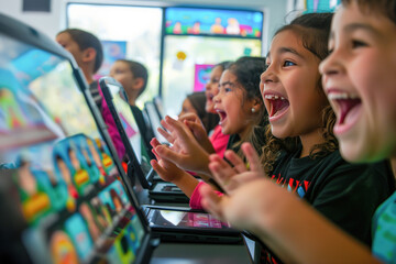 Excited kids using computers in classroom